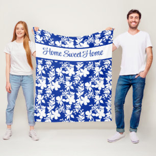Zuhause Sweet Zuhause Chic Blue White Floral Muste Fleecedecke