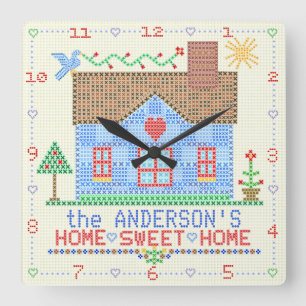 Zuhause Sweet Zuhause Cross Stitch House   Familie Quadratische Wanduhr