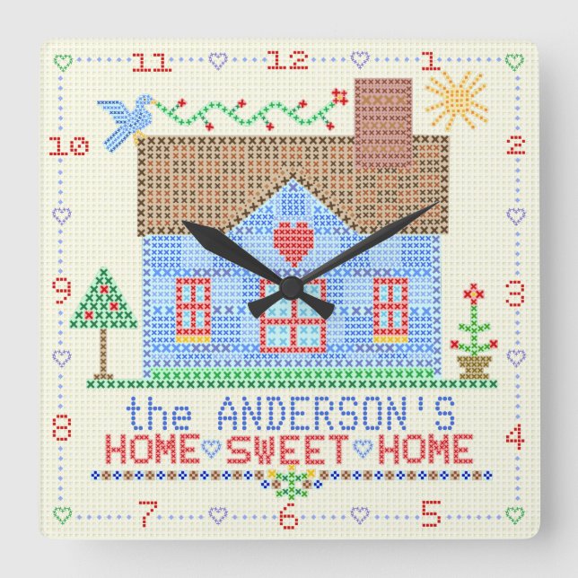 Zuhause Sweet Zuhause Cross Stitch House | Familie Quadratische Wanduhr (Vorderseite)