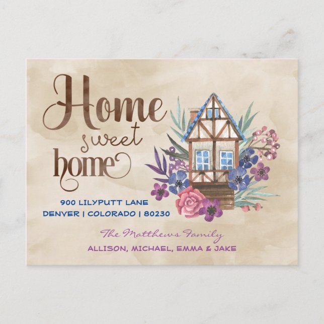 Zuhause Sweet Zuhause Floral Watercolor Moving Postkarte (Vorderseite)