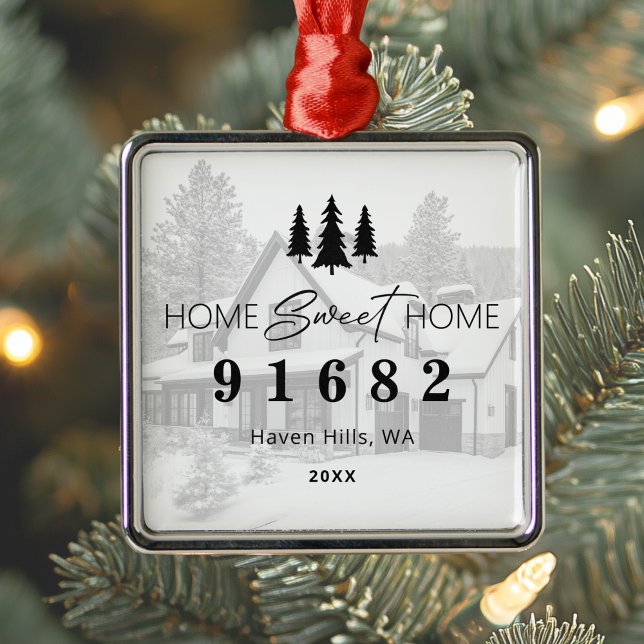 Zuhause Sweet Zuhause Foto Zip-Code Ornament Aus Metall (Shown on a Premium Square Ornament)