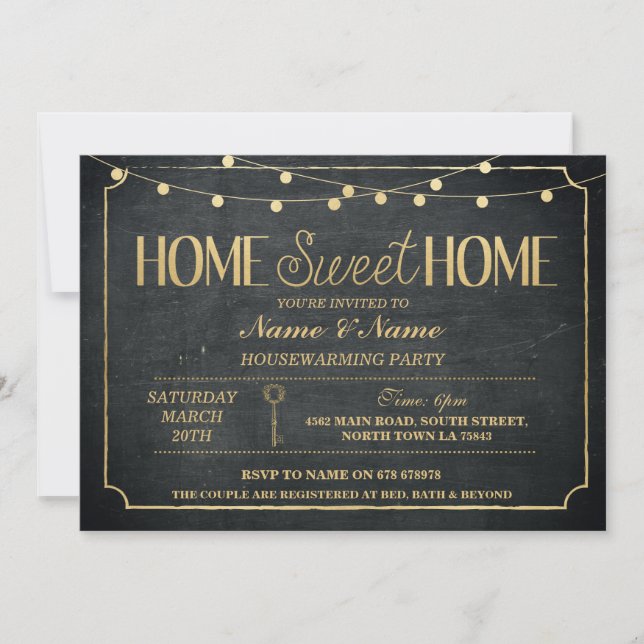 Zuhause Sweet Zuhause Housewarming Black Gold Key  Einladung (Vorderseite)