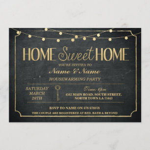 Zuhause Sweet Zuhause Housewarming Black Gold Key  Einladung