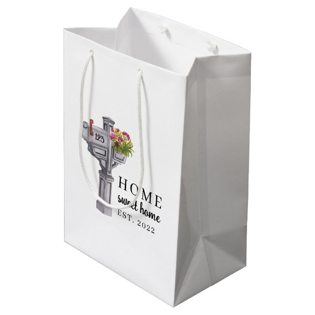 Zuhause Sweet Zuhause Mailbox Geschenktasche Mittlere Geschenktüte (Rückseite Schrägansicht)
