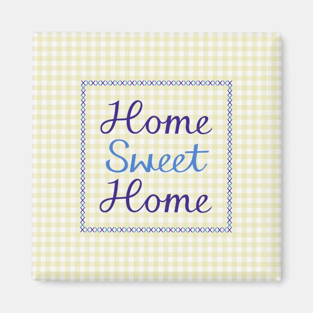 Zuhause Sweet Zuhause Script in Blues auf Yellow G Magnet (Vorne)