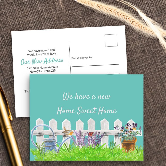 Zuhause Sweet Zuhause White Picket Zaun neue Adres Ankündigungspostkarte (New Address postcard announcing your new home sweet home)