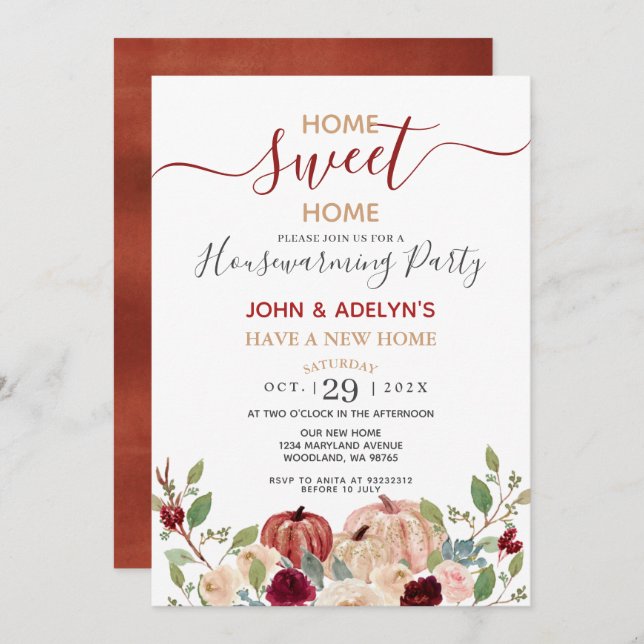 Zuhause Sweet Zuhause White Pumpkin Floral Burgund Einladung (Vorne/Hinten)