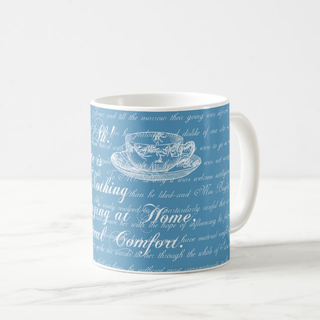 Zuhause-Text-blaue und weiße Tasse Janes Austen (VorderseiteRechts)