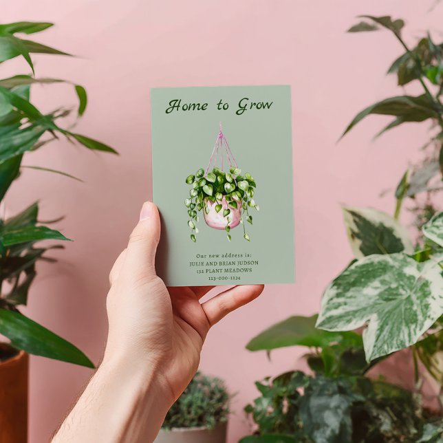 Zuhause zur Ankündigung neuer Adressen (“Home to Grow” moving announcement card. Watercolor illustration of a pink hanging plant pot.)