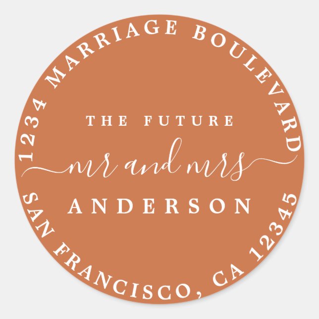 Zukunft Frau Script Rücksendeadresse Burnt Orange Runder Aufkleber (Vorderseite)