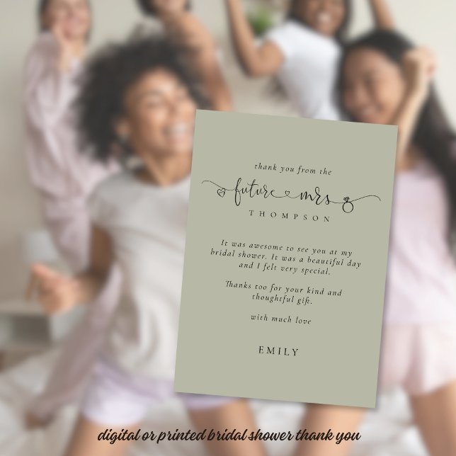 Zukünftige Frau Brautparty Light Sage Vielen Dank Karte (Stylish sage bridal shower thank you - available digitally or printed)