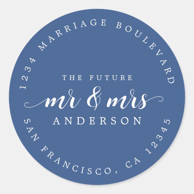Zukünftige Frau Script Classic Blue Rücksendeadres Runder Aufkleber (Vorderseite)