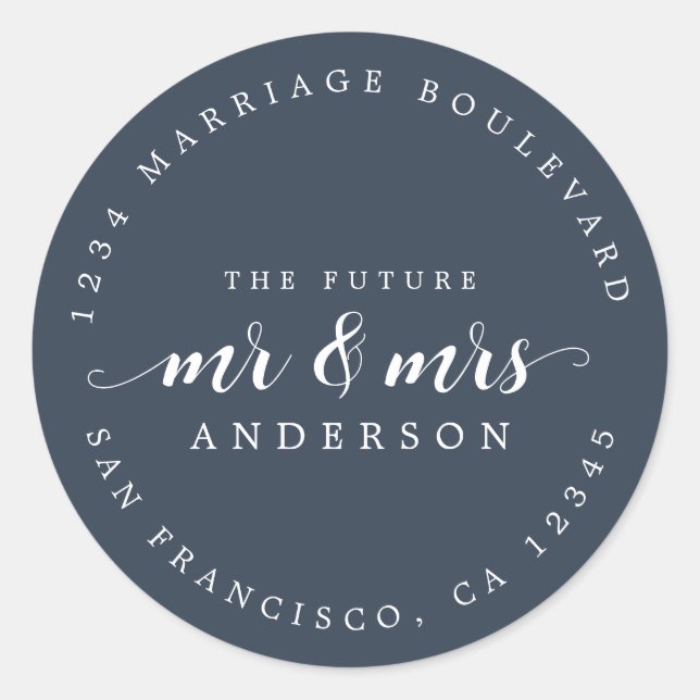 Zukünftige Frau Script Dark Blue Rücksendeadresse Runder Aufkleber (Vorderseite)