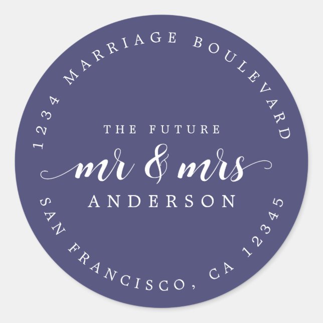 Zukünftige Frau Script Navy Blue Rücksendeadresse Runder Aufkleber (Vorderseite)