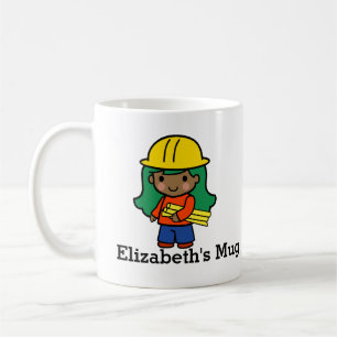 Zukunftsarchitektur/Ingenieur-Mädchen in Hard Hat Kaffeetasse
