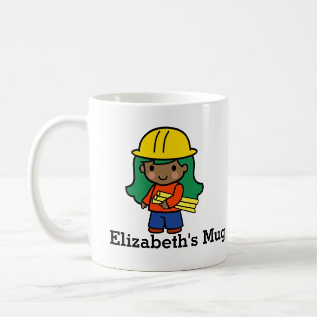 Zukunftsarchitektur/Ingenieur-Mädchen in Hard Hat Kaffeetasse (Links)