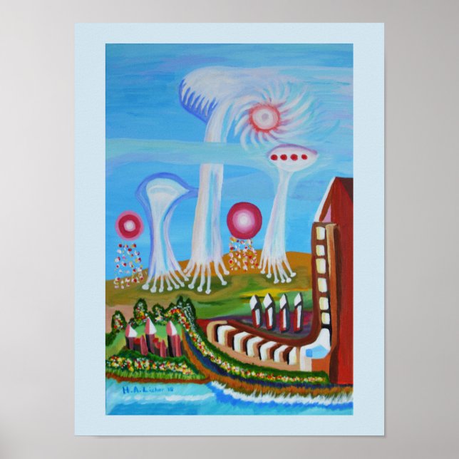 Zukunftslandschaft mit Ufos Poster (Vorne)