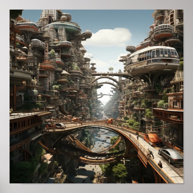 Zukunftsorientierte Stadt: Flying Cars und Motorrä Poster (Vorne)