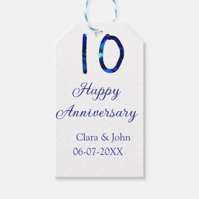 Zum 10. Jubiläum blauer Glitzer Namensdatum hinzuf Geschenkanhänger (Vorderseite)