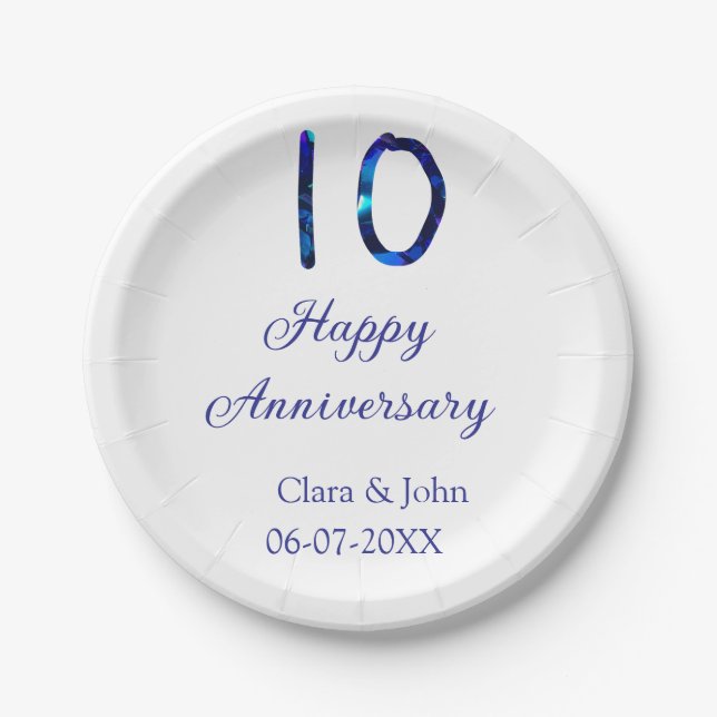 Zum 10. Jubiläum blauer Glitzer Namensdatum hinzuf Pappteller (Vorderseite)