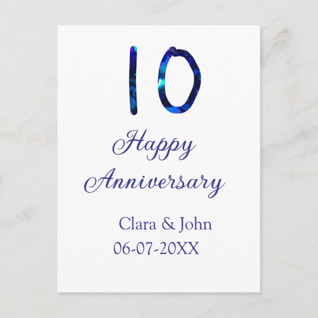 Zum 10. Jubiläum blauer Glitzer Namensdatum hinzuf Postkarte (Vorderseite)