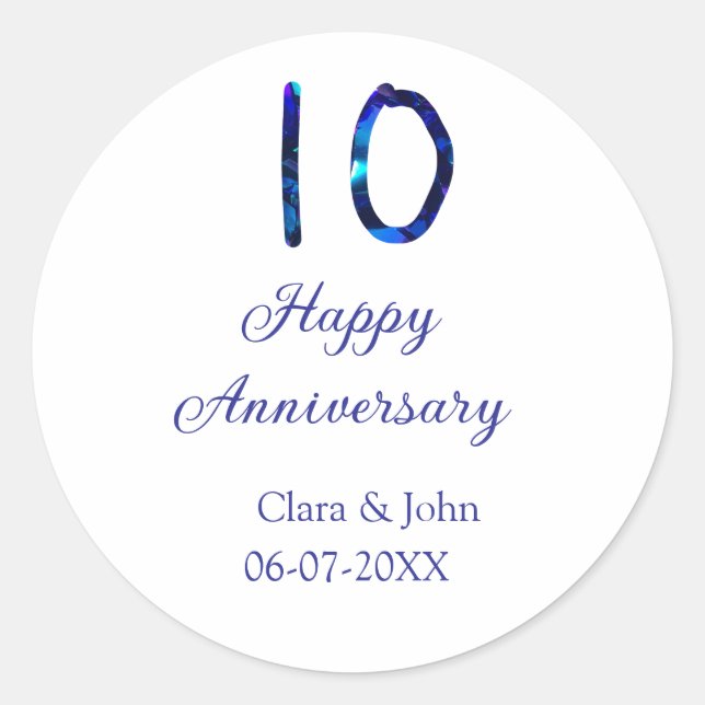Zum 10. Jubiläum blauer Glitzer Namensdatum hinzuf Runder Aufkleber (Vorderseite)