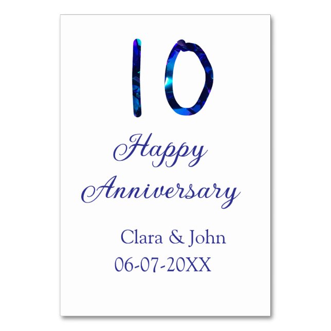 Zum 10. Jubiläum blauer Glitzer Namensdatum hinzuf Tischnummer (Vorderseite)