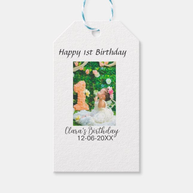 Zum 1. Geburtstag Foto schlicht und elegant Geschenkanhänger (Vorderseite)