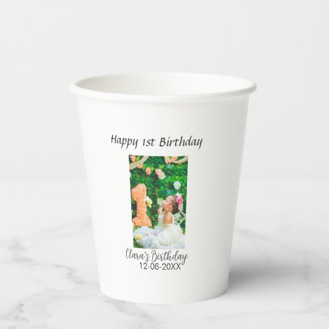 Zum 1. Geburtstag Foto schlicht und elegant Pappbecher (Vorderseite)