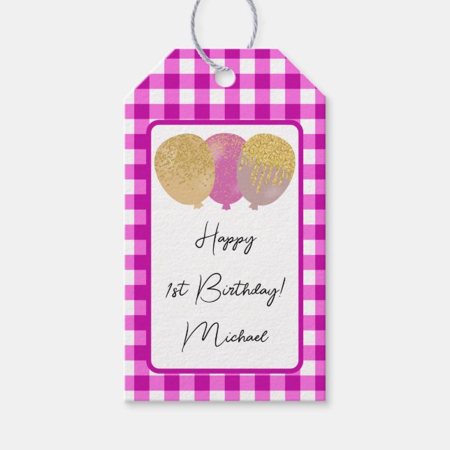Zum 1. Geburtstag & Pink Gingham & Balloons Geschenkanhänger (Vorderseite)