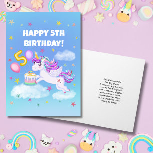 Zum 5. Geburtstag Einhorn mit Geburtstagskuchen Karte