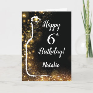 Zum 6. Geburtstag Schwarzer und Gold Glitzer Wein Karte