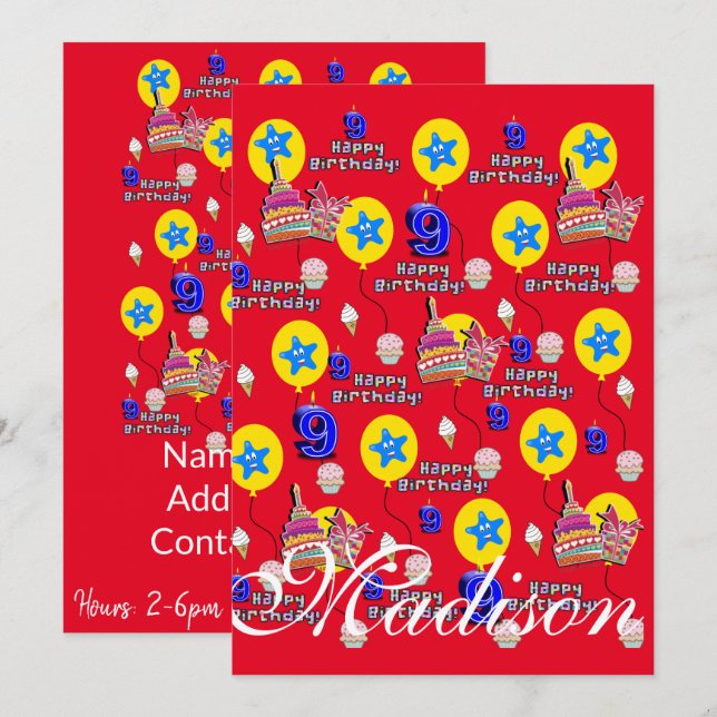 Zum 9. Geburtstag Einladung Geburtstag #9 Rot (Vorne/Hinten)
