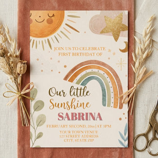 Zum ersten Geburtstag Sun und Rainbow Boho Folieneinladung