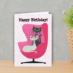 Zum Geburtstag im Mid-Century-Stil Katzen auf rosa Karte