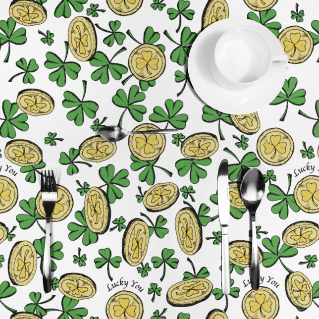 Zum Glück Coins & Green Kleeblatts St Patricks Day Tischdecke ("Lucky You" Hand-Drawn St. Patrick's Day Tablecloth)