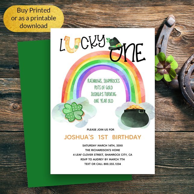 Zum Glück ein Regenbogen Kleeblatt Pot of Gold Geb Einladung (Lucky One Whimsical Irish Themed First Birthday Invitation)