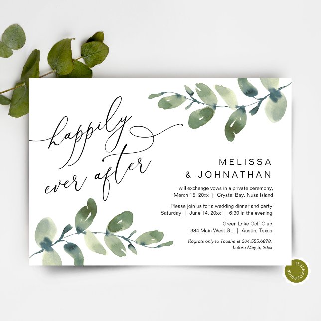 Zum Glück immer danach, Abendessen im Freien, Grün Einladung (Happily Ever After, Post Wedding Elopement Dinner Invitation, Modern Romantic Greenery Eucalyptus)