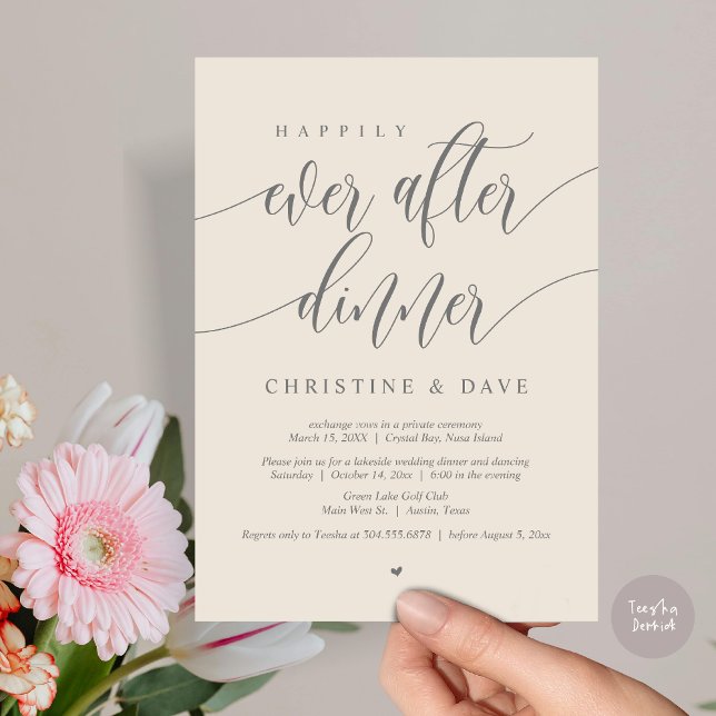 Zum Glück immer nach dem Abendessen, Creme grau Einladung (Happily Ever After Dinner Invitation Card, PDF, Modern Calligraphy Script, in Cream Dark Grey)