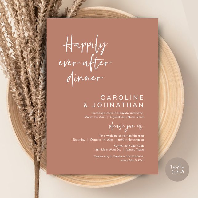 Zum Glück immer nach dem Abendessen, Elopement, Te Einladung (Happily Ever After Dinner, Modern Wedding Elopement, Invitation Card, PDF, in Terracotta Brown)