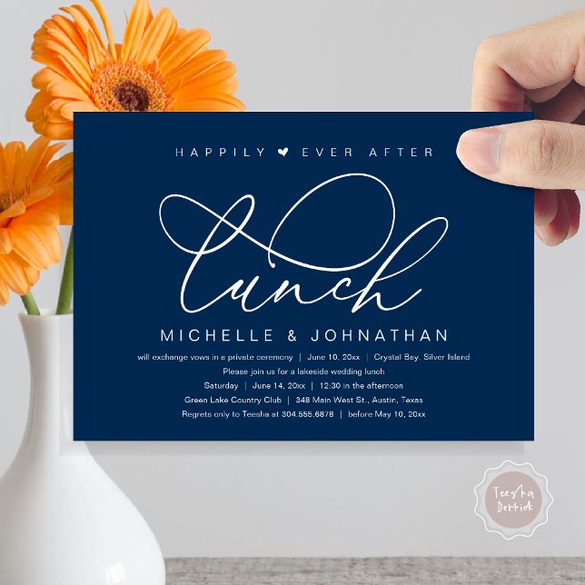 Zum Glück immer nach dem Mittagessen, modernes rom Einladung (Happily Ever After Lunch Invitation Card, PDF, Wedding Elopement, Romantic Heart, Classy Navy Blue)