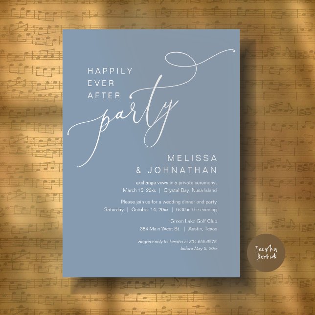 Zum Glück immer nach dem Party Hochzeit Dinner Blu Einladung (Happily Ever After Party, Romantic Wedding Dinner and Dancing Invitation Card, PDF, in Dusty Blue)