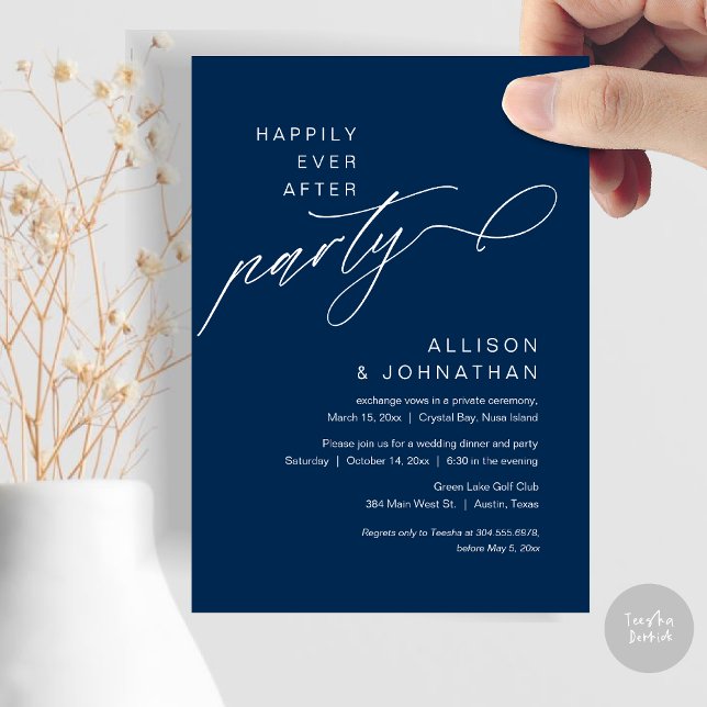 Zum Glück immer nach dem Party, moderne Hochzeitsf Einladung (Happily Ever After Party, Modern Wedding Elopement Dinner Invitation Card, PDF, Navy Blue)