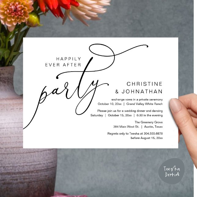 Zum Glück immer nach dem Party, romantisches Abend Einladung (Happily Ever After Party, Romantic Modern Elopement Dinner Dancing Invites Card PDF Black White)