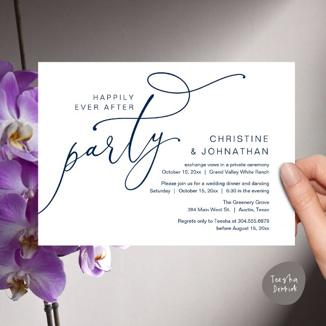 Zum Glück immer nach dem Party, romantisches Abend Einladung (Happily Ever After Party, Romantic Modern Elopement Dinner Dancing Invites Card PDF Navy Blue)