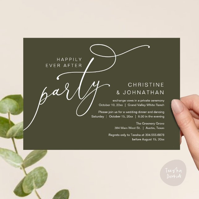 Zum Glück immer nach dem Party, romantisches Abend Einladung (Happily Ever After Party, Romantic Modern Elopement Dinner Dancing Invites Card PDF Olive Green)