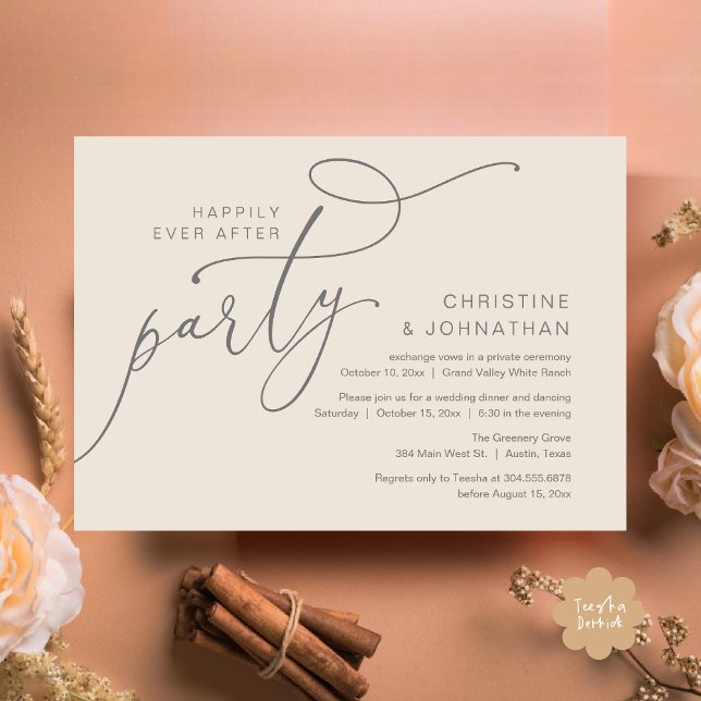 Zum Glück immer nach dem Party, romantisches Abend Einladung (Happily Ever After Party, Romantic Modern Elopement Dinner Dancing Invites Card PDF Cream Grey)
