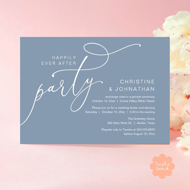 Zum Glück immer nach dem Party, romantisches Abend Einladung (Happily Ever After Party, Romantic Modern Elopement Dinner Dancing Invites Card PDF Dusty Blue)