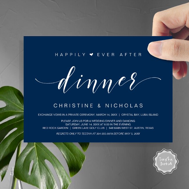 Zum Glück immer nach der Hochzeitsfeier Abendessen Einladung (Happily Ever After Dinner Invitation Card, PDF, Modern Wedding Elopement, Heart, Navy Blue)