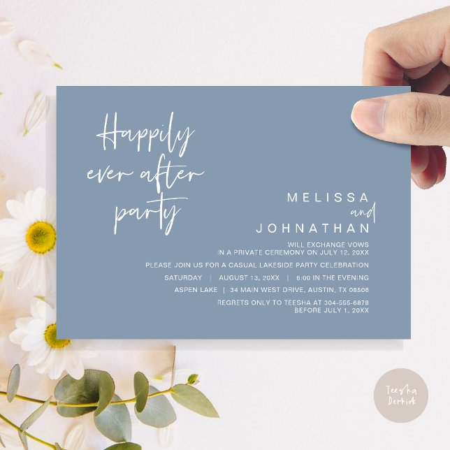 Zum Glück je nach Hochzeitsfeier, Dusty Blue Einladung (Happily Ever After Party Invitation Card, PDF, Modern Wedding Elopement, in Dusty Blue)